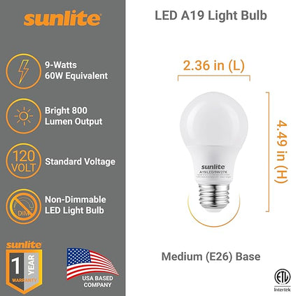 Sunlite A19 Standard LED Light Bulb, 9 Watts (60W Equivalent), 800 Lumens, Bulk 48 Pack, 120 Volts, Non-Dimmable, Medium E26 Base, RoHS, ETL Listed, 2700K Soft White