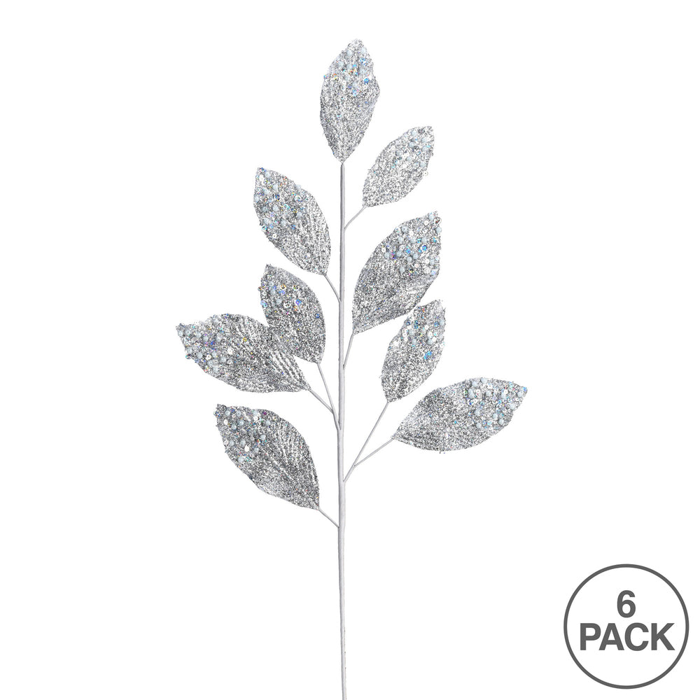 Vickerman 29" Silver Glitter Leaf Artificial Christmas Spray. Includes 6 sprays per pack.