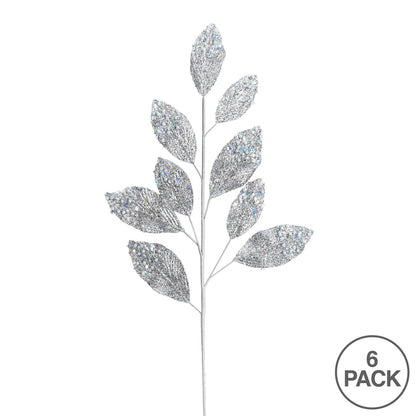 Vickerman 29" Silver Glitter Leaf Artificial Christmas Spray. Includes 6 sprays per pack.