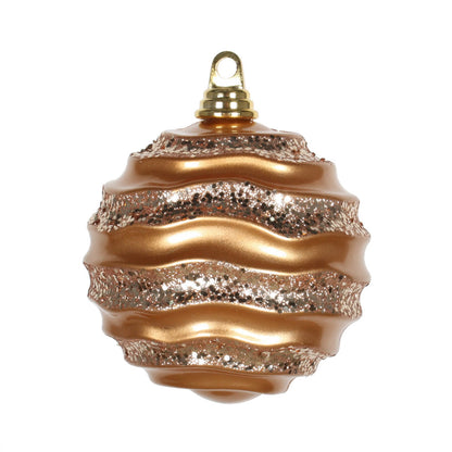 Vickerman 6" Sand Gold Stripe Candy Finish Wave Ball Christmas Ornament with Glitter Accents