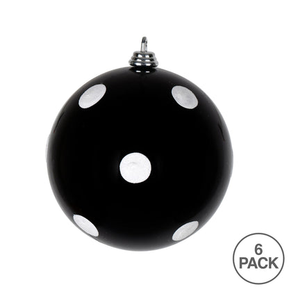 Vickerman 4" Black Candy Finish Ball Ornament with White Glitter Dots 6 per Bag