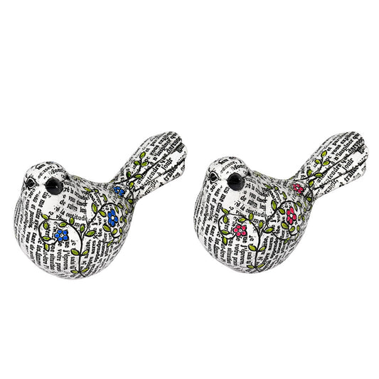 Vickerman 6.25" White Newspaper Flower Birds 2/Asst. These birds features a newspaper-like pattern with small flowers and vines. These birds are perfect table top pieces that will add a pop of color to your decor. An assortment of two birds is included. T