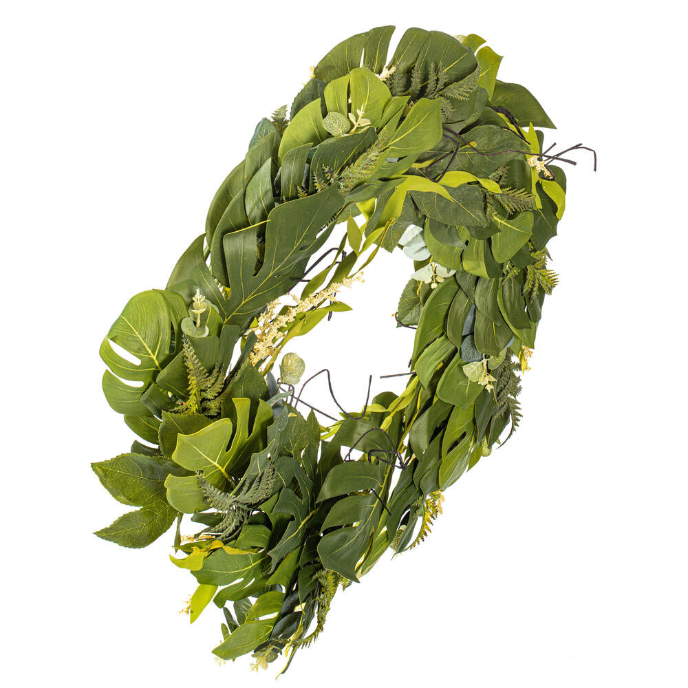 Vickerman 32" Artificial Green Mixed Jungle Foliage Wreath. Combination of leaves.