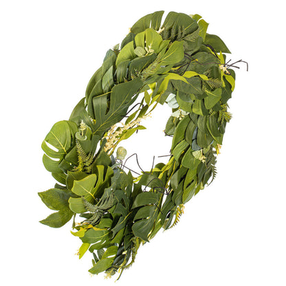 Vickerman 32" Artificial Green Mixed Jungle Foliage Wreath. Combination of leaves.
