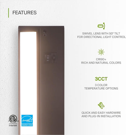 ASD Lighting LED Under Cabinet Swivel 18" 8W 120V Dimmable CCT Selectable 2700/3000/4000K Hardwired or Plug-in, Linkable, Hi/Low Switch, Oil Rubbed Bronze UL