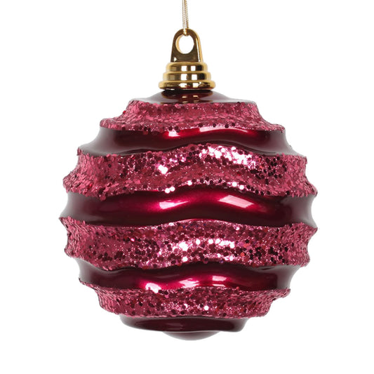 Vickerman 6" Fuchsia Stripe Candy Finish Wave Ball Christmas Ornament with Glitter Accents