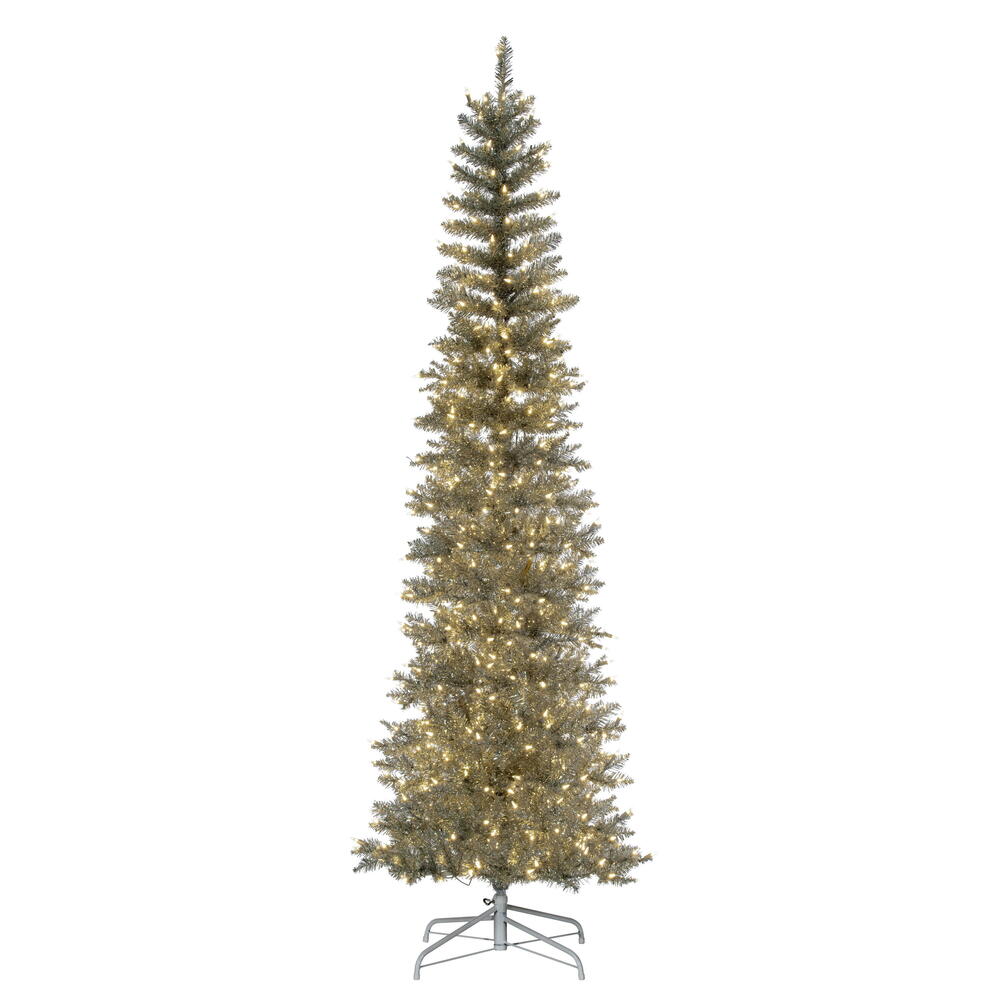 Vickerman 8.5' x 38" Silver Pencil Artificial Pre-Lit Christmas Tree with 600 Dura-Lit® Warm White LED Mini Lights. It measures 102 inches tall, and 28 inches wide, which is considered a pencil profile. This tree boasts 1363 tips for a realistic look. Pre