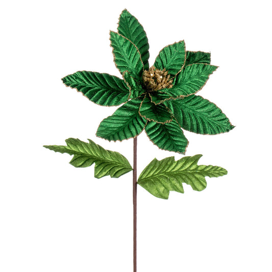 Vickerman 22" Midnight Green Velvet Glitter Trim Poinsettia 6 per bag.