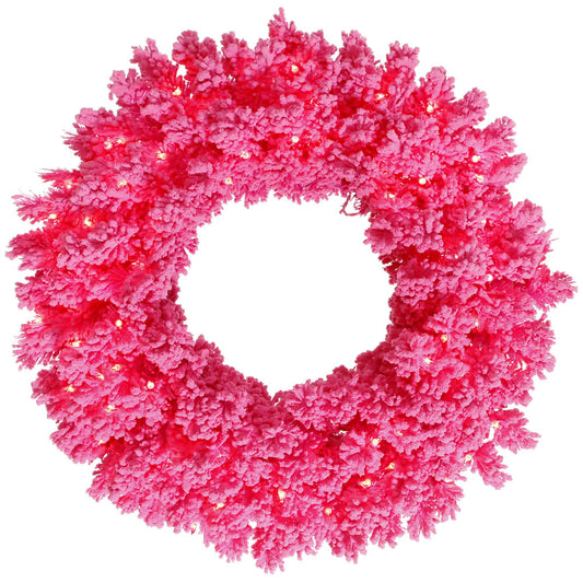 Vickerman 24" Flocked Pink Fir Artificial Christmas Wreath Pink Dura-Lit LED lights.