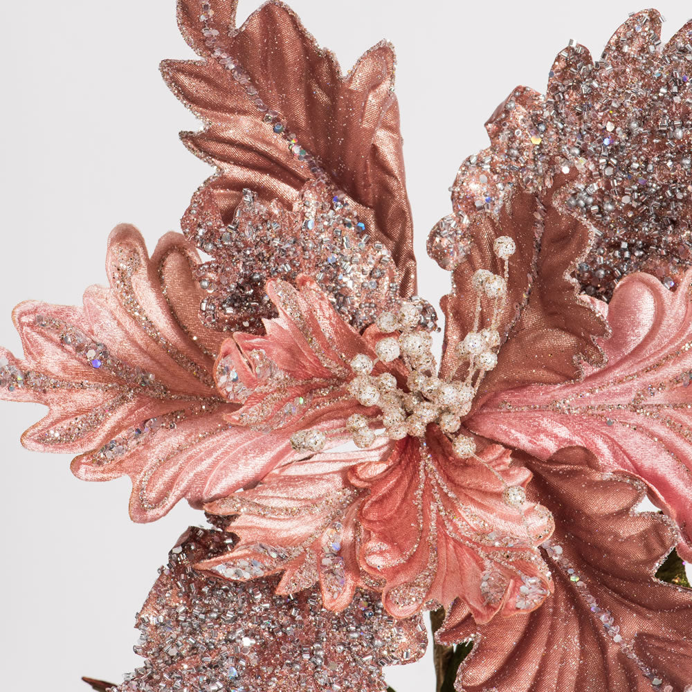 Vickerman 20" Rose Gold Glitter Poinsettia Artificial Christmas Stem Pack of 3