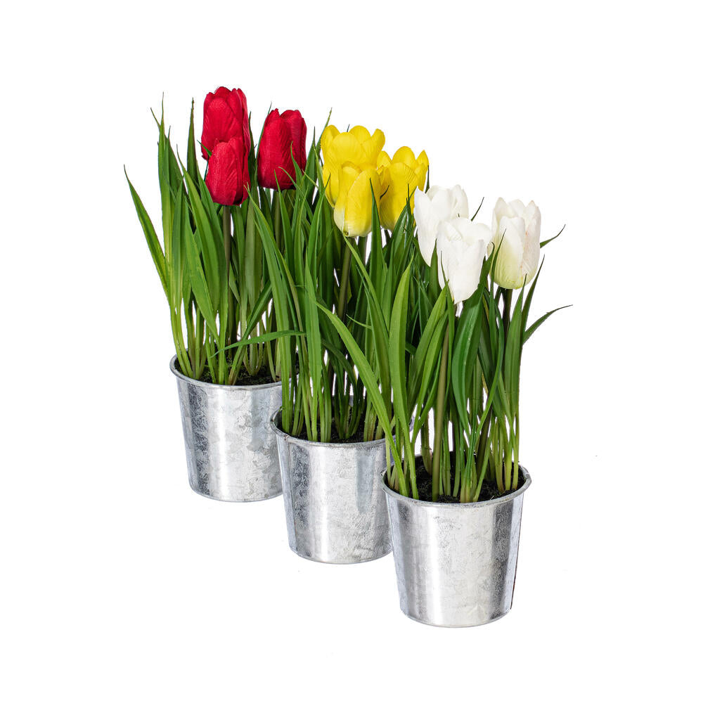 Vickerman 9.5" Artificial Assorted Set of Tulips in Metal Pot.