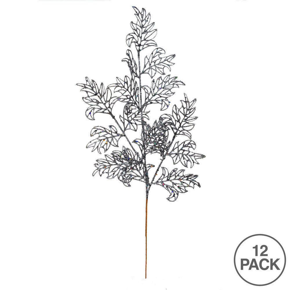 Vickerman 22" Gunmetal Glitter Lace Holly Leaf Artificial Christmas Spray. Includes 12 sprays per pack.