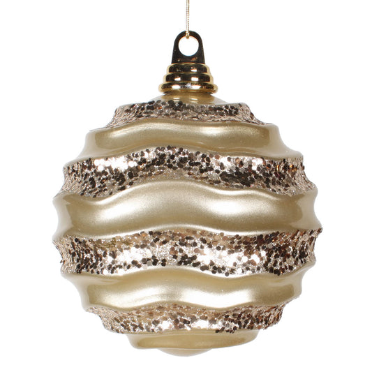 Vickerman 8' Champagne Stripe Candy Finish Wave Ball Christmas Ornament with Glitter Accents