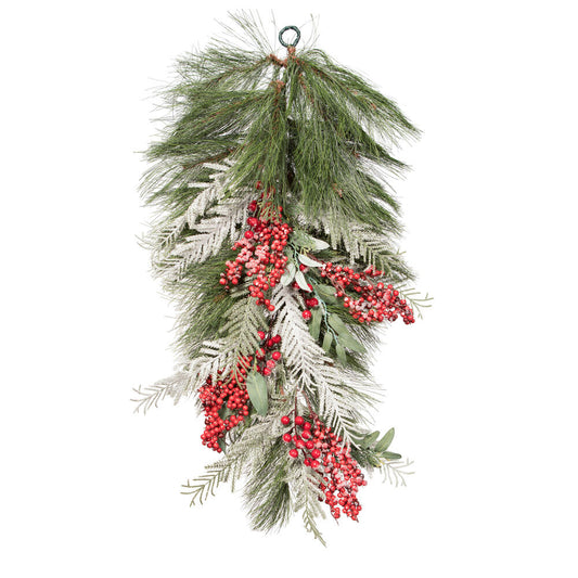 Vickerman 30" Frosted Artificial Christmas TearDrop with 41 PE Tips Red Berries Green and Frosted Foliage
