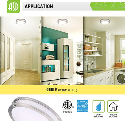 ASD Lighting LED Double Ring Flushmount 12" 15W Dimmable 3000K Brushed Nickel cETLus