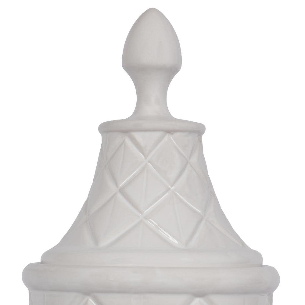Vickerman 18.5" White Ceramic Container with Lid. This versatile container can pair with faux floral stems or stand as a simple decorative piece with the lid. It measures 18.5" H x 6.5" W.   100% CERAMIC