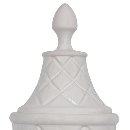 Vickerman 18.5" White Ceramic Container with Lid. This versatile container can pair with faux floral stems or stand as a simple decorative piece with the lid. It measures 18.5" H x 6.5" W.   100% CERAMIC