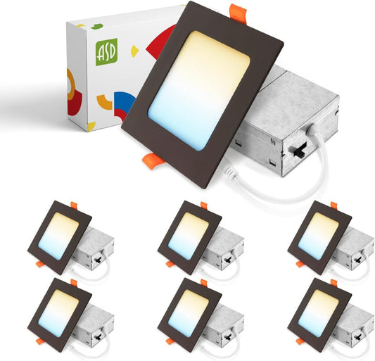 ASD Lighting LED Recessed Mini Panel Square 4inch 12W 120V Triac 2700/3000/3500/4000/5000K Bronze UL Energy Star 6 pack