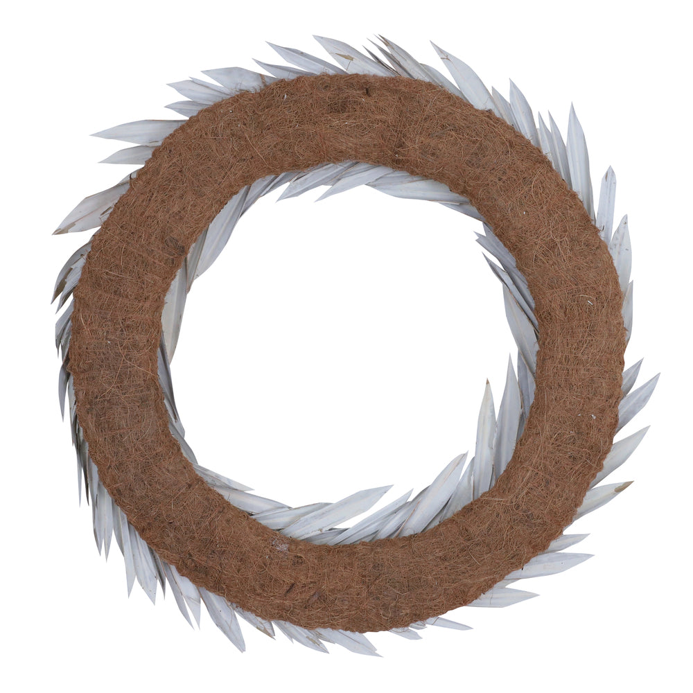 Vickerman Natural Botanicals 24" White Washed Palm Sun Wreath. This wreath measures 24 inches in diameter. It features white washed palm sun leaves on a coco fiber base. This is a dried and preserved natural product.