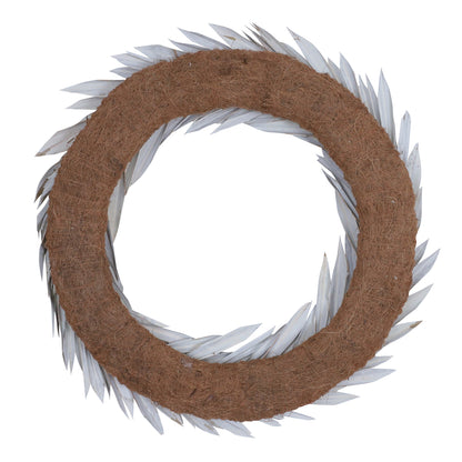 Vickerman Natural Botanicals 24" White Washed Palm Sun Wreath. This wreath measures 24 inches in diameter. It features white washed palm sun leaves on a coco fiber base. This is a dried and preserved natural product.