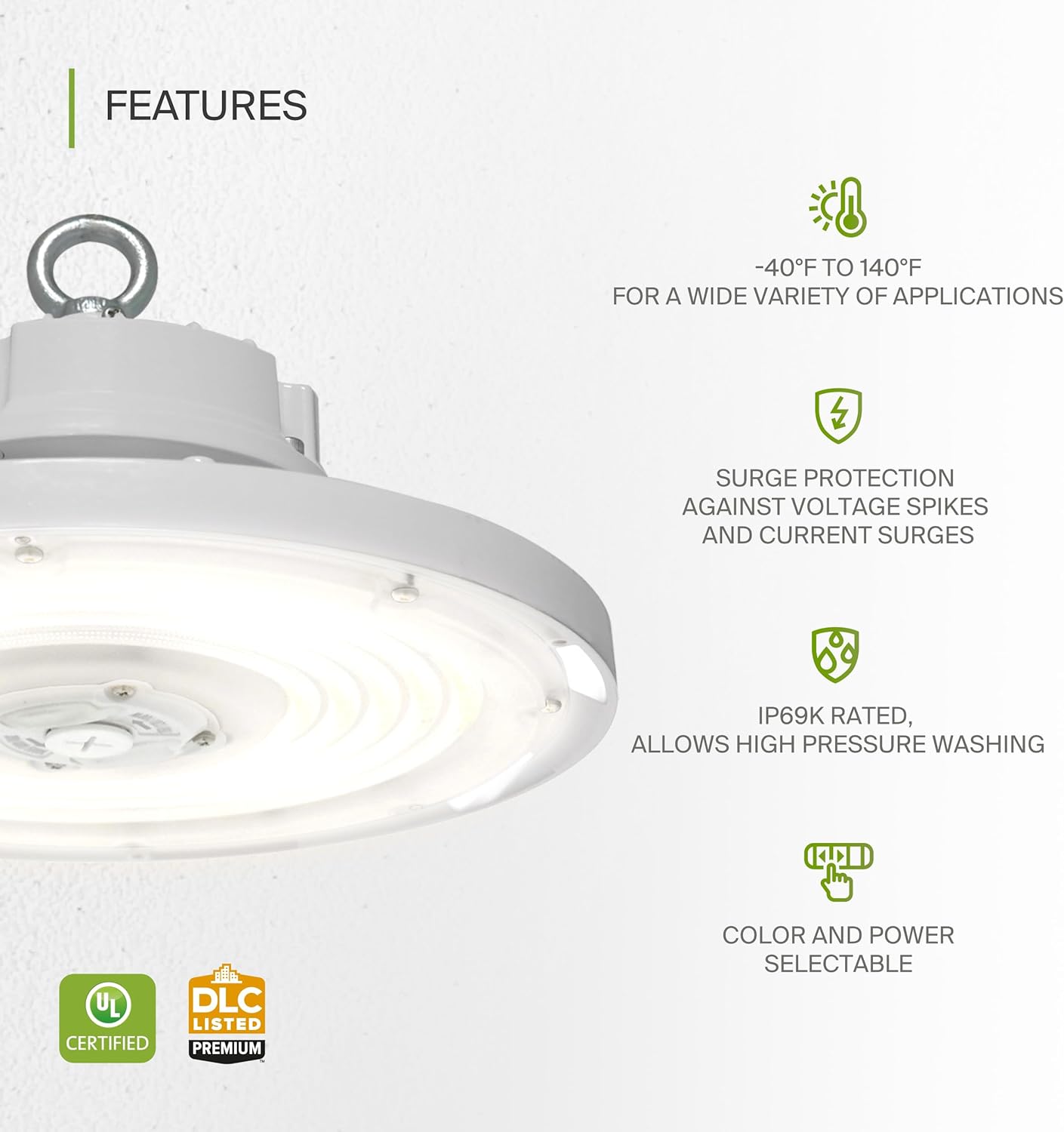 ASD Lighting Q-base LED UFO High Bay Power Adjustable 100/120/150W and CCT Selectable 3000/4000/5000K Dimmable White UL DLC Premium
