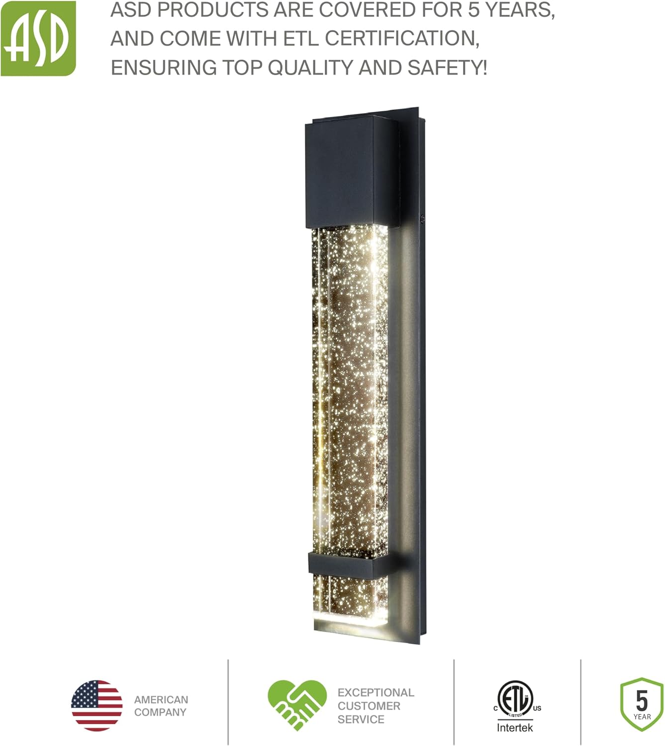 ASD Lighting LED Outdoor Wall Sconce 13" 11.5W 120V CCT Selectable 3000/4000/5000K Dimmable Clear Seeded Glass, Black ETL 2pack