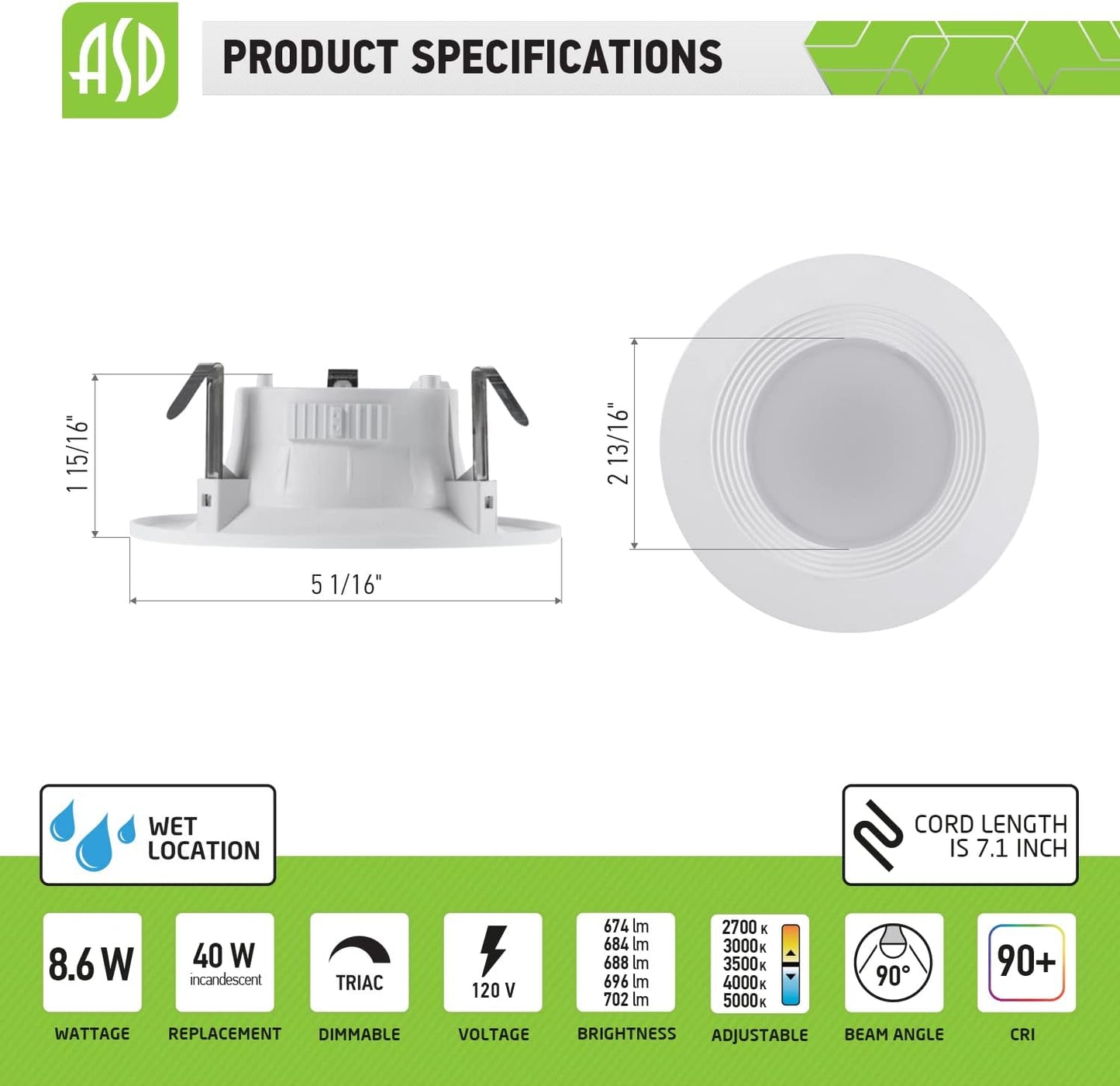 ASD Lighting LED Round Downlight Retrofit Kit 4" 8.6W 120V CCT Selectable 2700/3000/3500/4000/5000K Dimmable PC, Baffle Trim, White UL 12pack