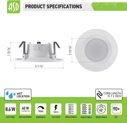ASD Lighting LED Round Downlight Retrofit Kit 4" 8.6W 120V CCT Selectable 2700/3000/3500/4000/5000K Dimmable PC, Baffle Trim, White UL 12pack
