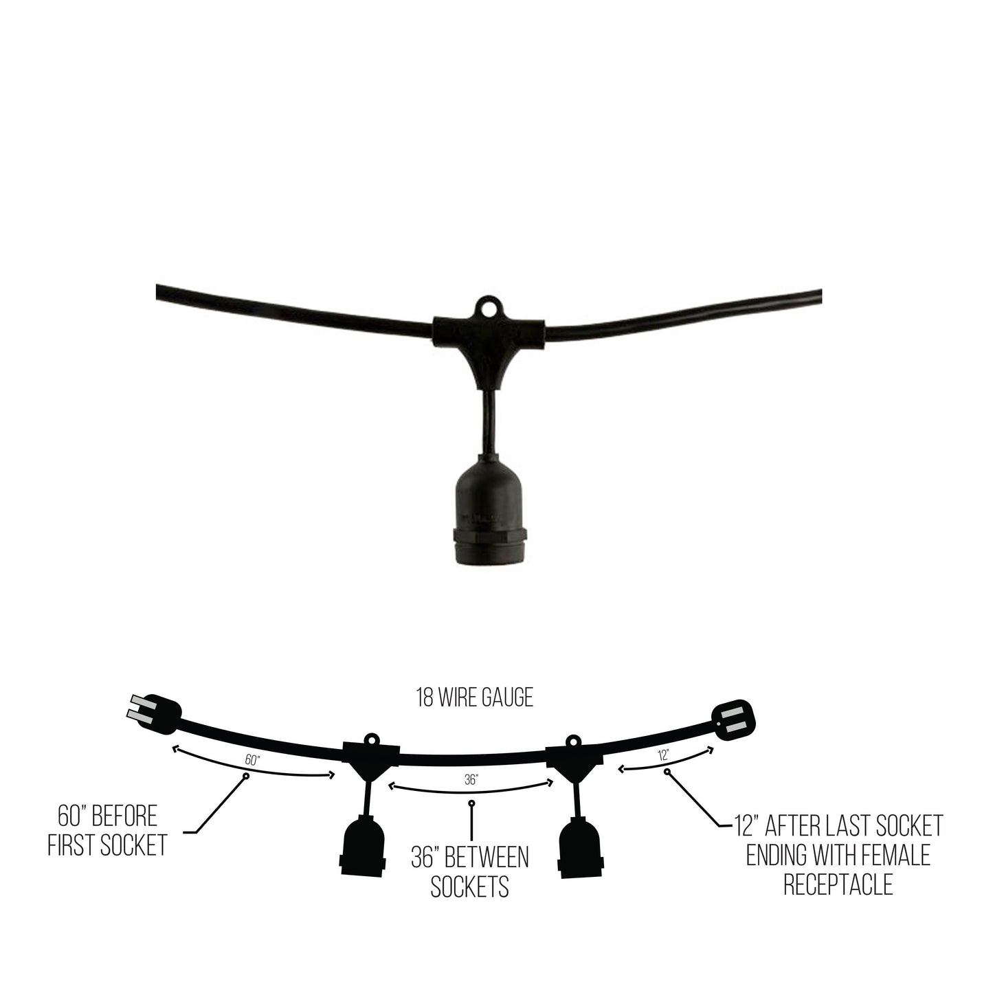 Bulbrite 812480 48' STRING LIGHT 15 SOCKETS 36" SPACING E26 BLACK - NO BULBS