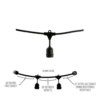 Bulbrite 812480 48' STRING LIGHT 15 SOCKETS 36" SPACING E26 BLACK - NO BULBS