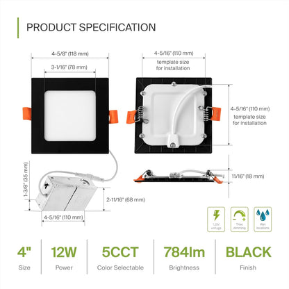 ASD Lighting LED Recessed Mini Panel Square 4inch 12W 120V Triac 2700/3000/3500/4000/5000K Black UL Energy Star 6 pack
