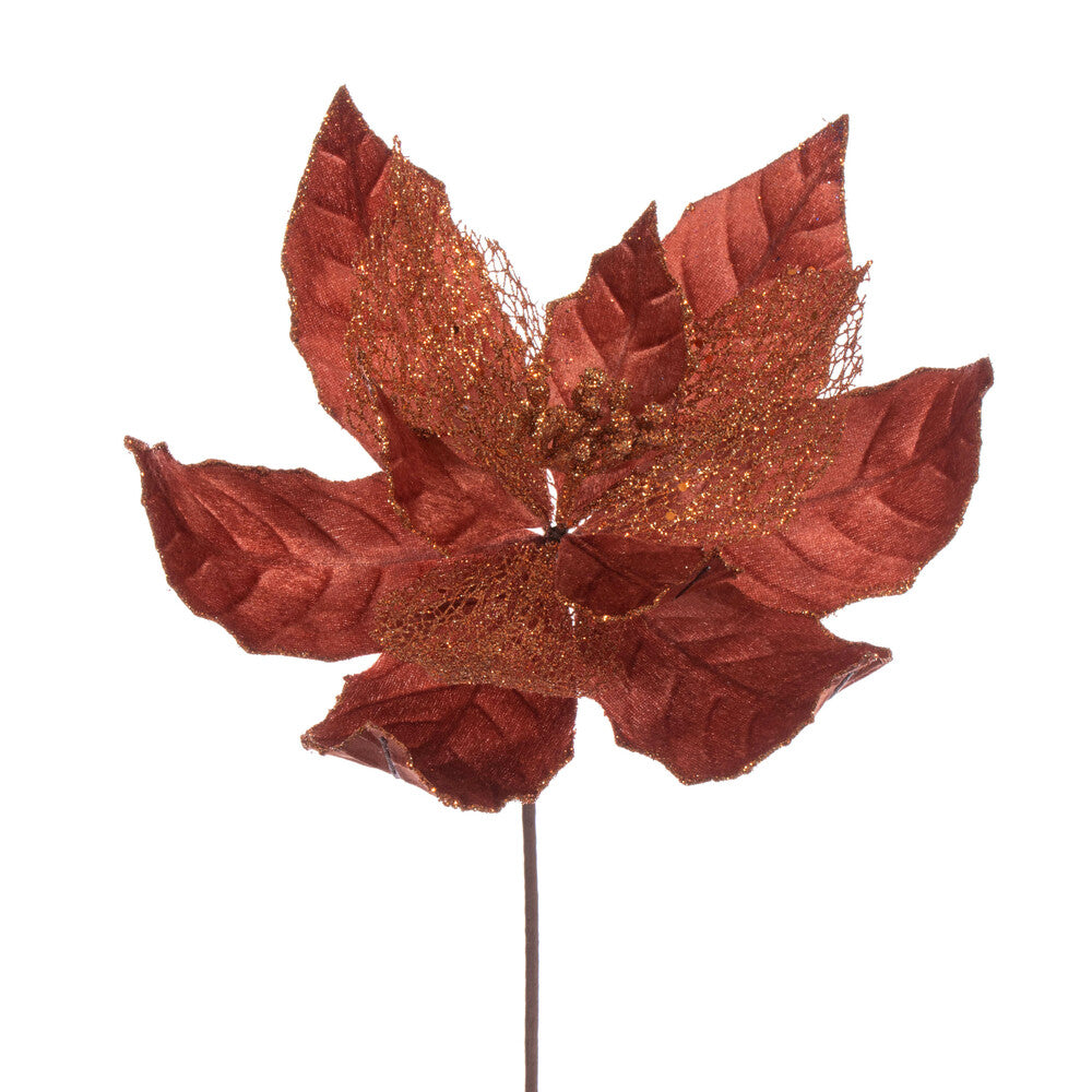 Vickerman 11" Copper Velvet and Glitter Mesh Poinsettia Flower on Stem 6 per bag.