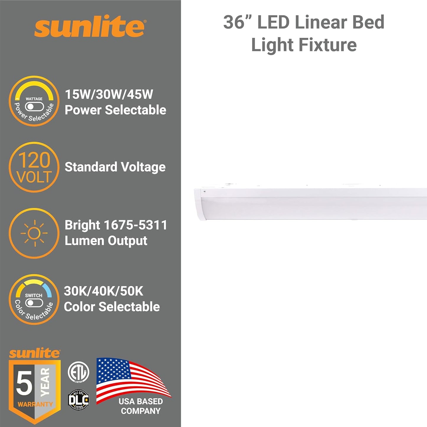 Sunlite 36-Inch LED Linear Bed Light Fixture, 15W/30W/45W, Color Selectable 30K/40K/50K, 1675-5311 Lumens, Dimmable, DLC & ETL Listed, 120V, 3-Way Switching (Up/Down), 116 Degree Beam Angle, White