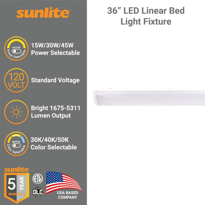 Sunlite 36-Inch LED Linear Bed Light Fixture, 15W/30W/45W, Color Selectable 30K/40K/50K, 1675-5311 Lumens, Dimmable, DLC & ETL Listed, 120V, 3-Way Switching (Up/Down), 116 Degree Beam Angle, White