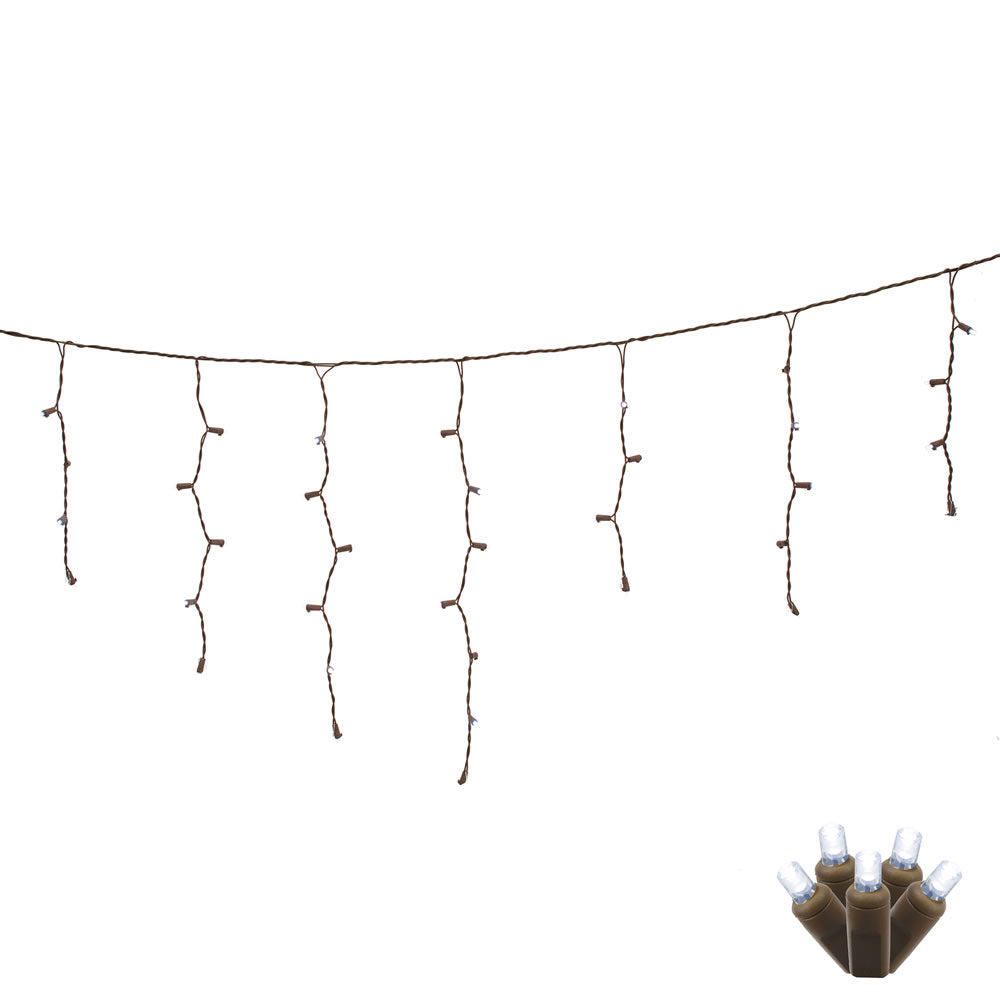 Vickerman 70 Pure White LED Icicle Light on Brown Wire 9' Christmas Light Strand.