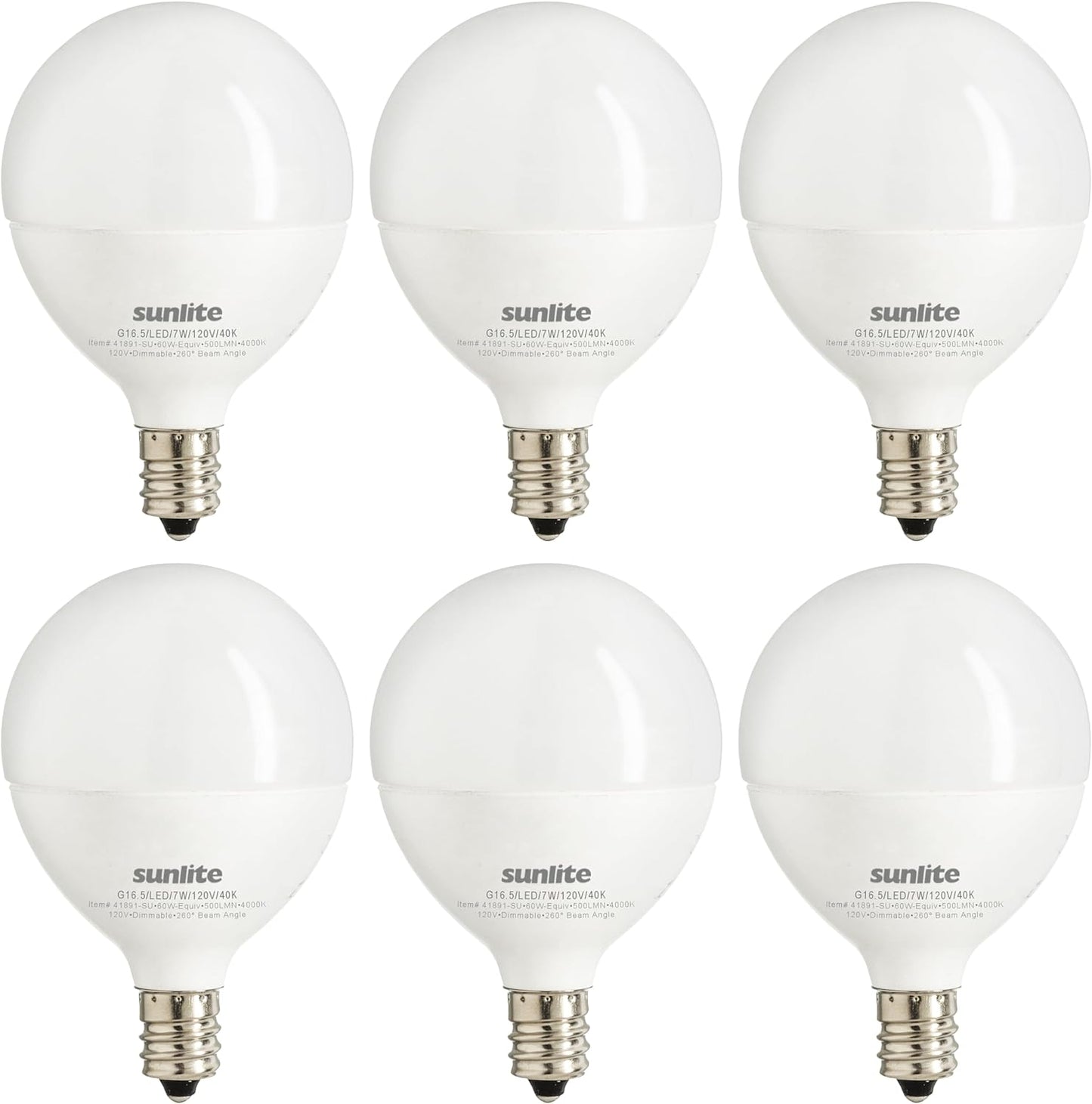 Sunlite LED G16.5 Frosted Globe Light Bulb, 7 Watts (60W Equivalent), 500 lumens, Dimmable, Candelabra Base (E12), 120 Volts, ETL Listed, 260 Degree Beam Angle, 4000K Cool White, 6 Pack