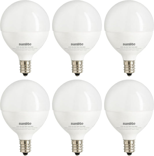 Sunlite LED G16.5 Frosted Globe Light Bulb, 7 Watts (60W Equivalent), 500 lumens, Dimmable, Candelabra Base (E12), 120 Volts, ETL Listed, 260 Degree Beam Angle, 4000K Cool White, 6 Pack