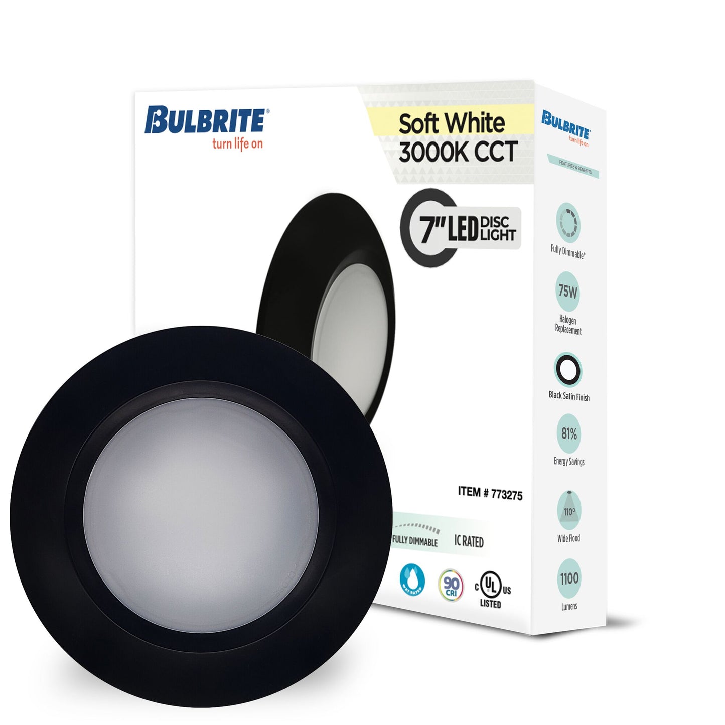 Bulbrite 773275 14W LED 7" ROUND DISC LIGHT 3000K BLACK ALUMINUM WITH PIGTAIL