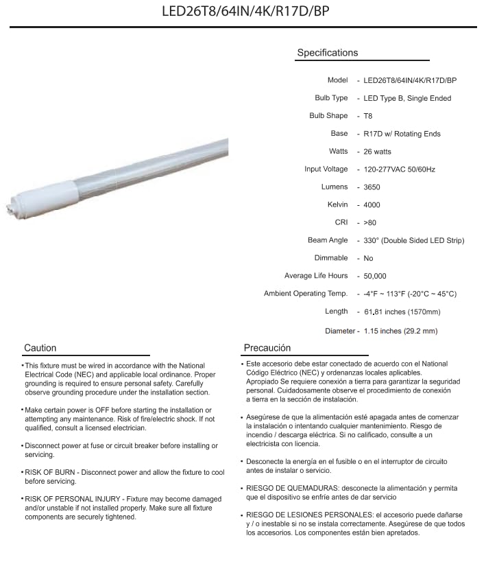 Damar- 5Ft T8 LED Tube Light Bulb Type B Ballast Bypass Single End 26W 3650 Lumens 4000K Cool White R17D Base with Rotating Ends 120-277VAC Pack of 10- Fluorescent Replacement for Garage Workshop