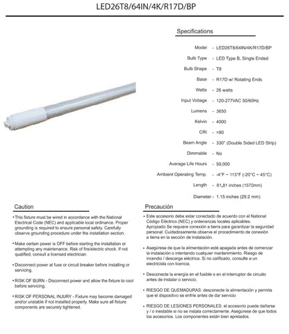 Damar- 5Ft T8 LED Tube Light Bulb Type B Ballast Bypass Single End 26W 3650 Lumens 4000K Cool White R17D Base with Rotating Ends 120-277VAC Pack of 10- Fluorescent Replacement for Garage Workshop