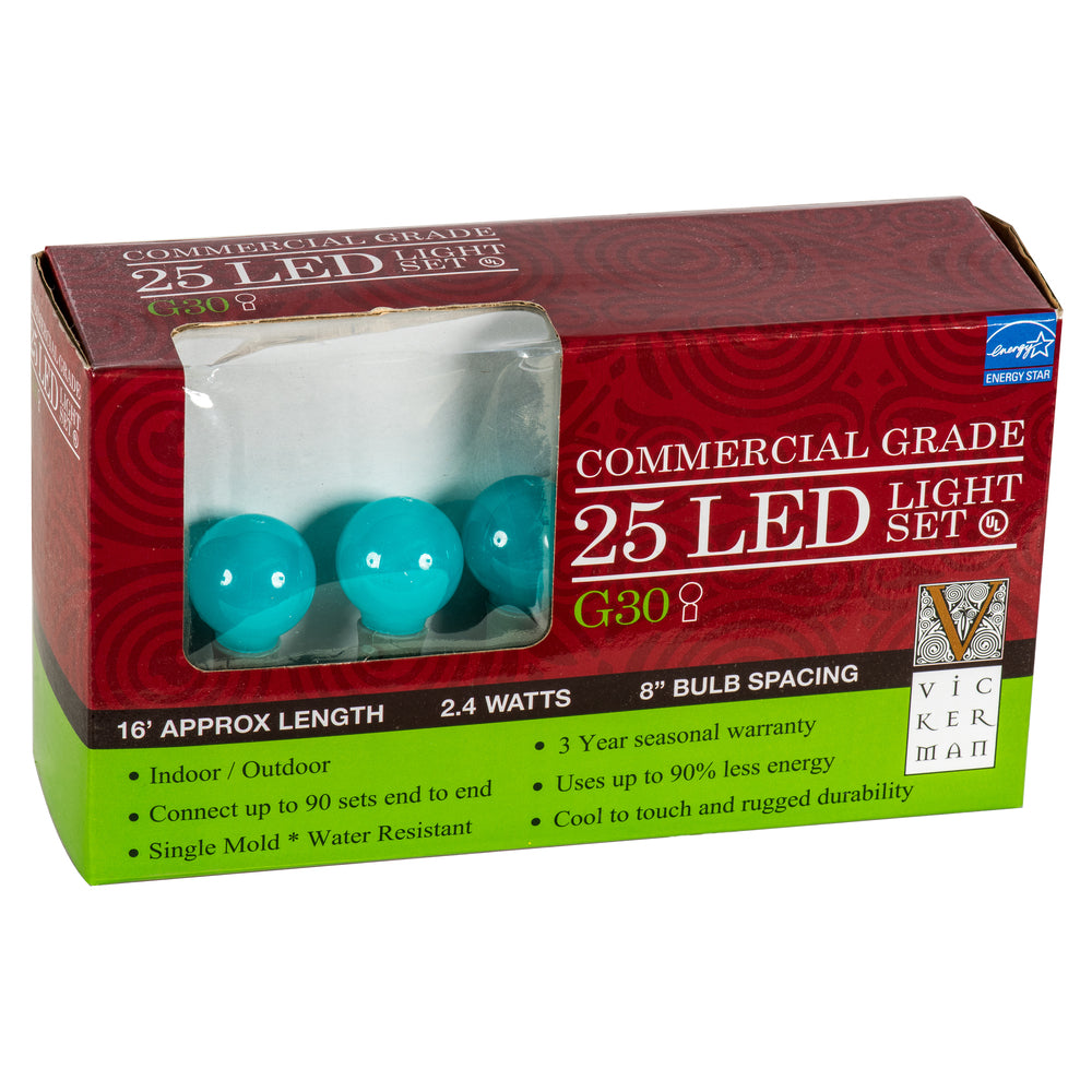 Vickerman 25 Teal G30 LED Light on Green Wire 16' Christmas Light Strand