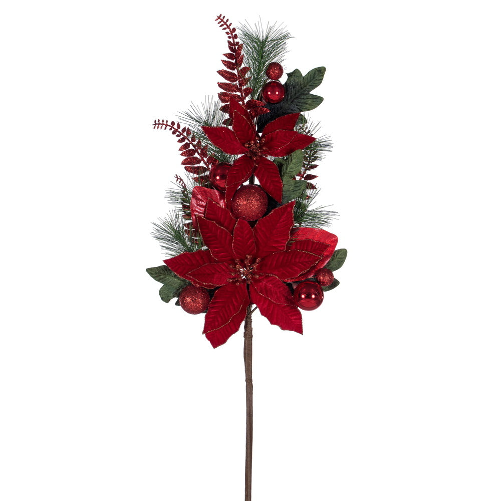Vickerman 28" Merry Red Poinsettia Ball and Fern Decorated Spray.