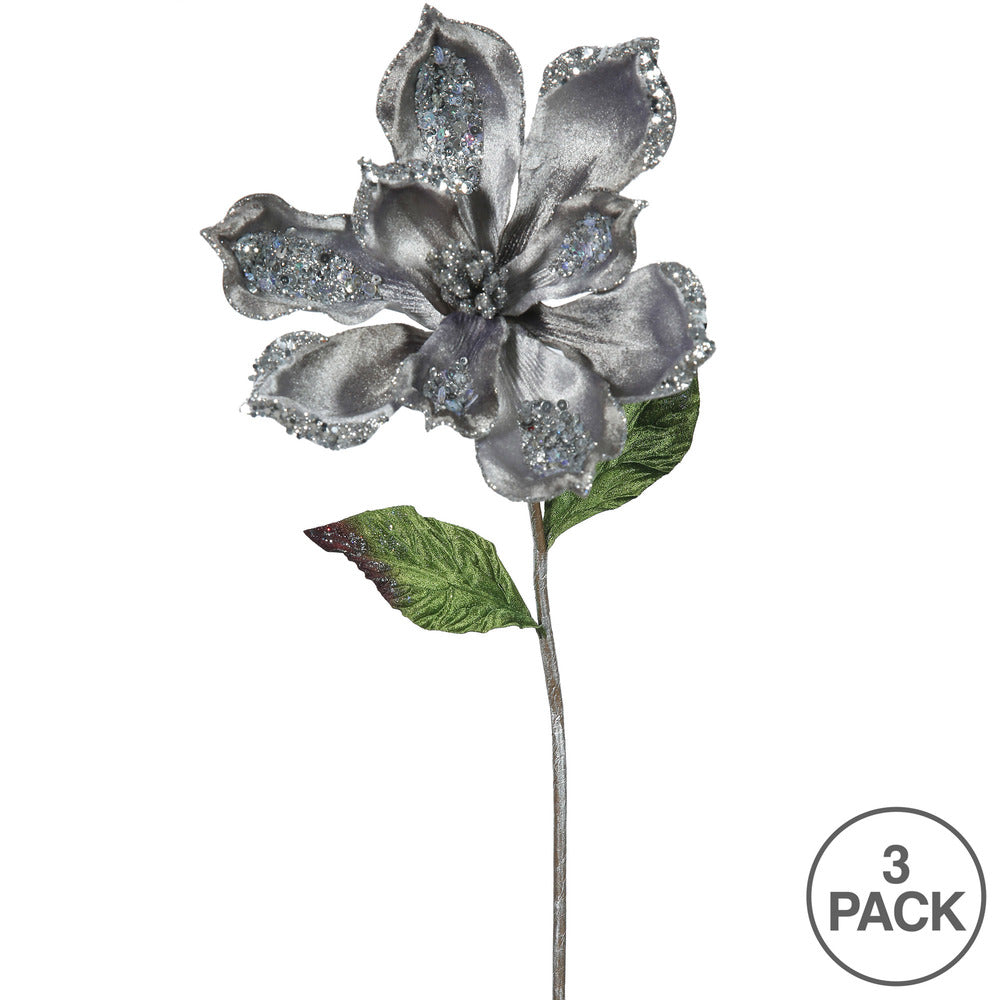 Vickerman 22" Pewter Velvet Magnolia Artificial Christmas Pick 3 per Bag
