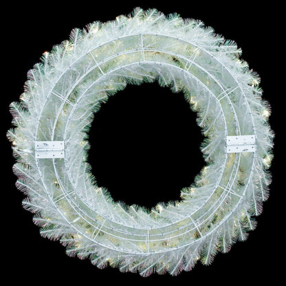 Vickerman 48" White Iridescent Artificial Pre-Lit Wreath with 200 Pure White LED 5MM Lights. It measures 48 inches wide. The diameter is measured from the end of one tip across to the other with the wreath tips extended outward. This wreath boasts 400 PVC