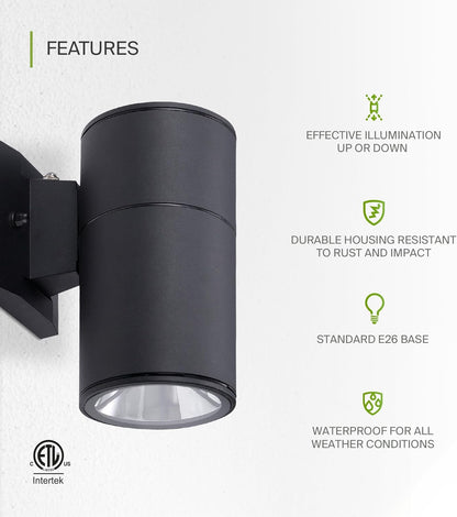 ASD Lighting BULB Round Outdoor Wall Cylinder with Photocell, Up or Downlight Fixture, 120V, 60W Max, 7.88", 50°, Black Finish, 2Pack