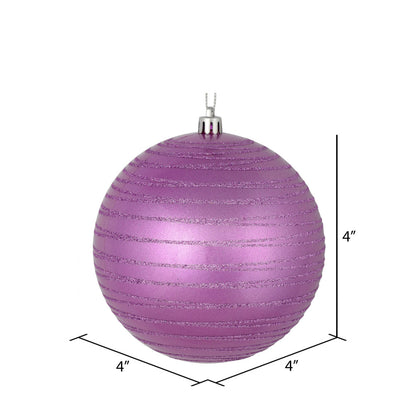 Vickerman 4" Orchid Candy Finish Ball Ornament with Glitter Lines 4 per Bag