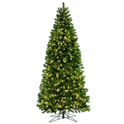 Vickerman 7.5' x 42" Deluxe Sequoia Pine Artificial Slim Pre-Lit Christmas Tree with 750 Warm White LED 5MM Lights. It measures 90 inches tall and 42 inches wide, which is considered a Slim profile. This tree boasts 1349 PVC tips for a realistic look. Pre