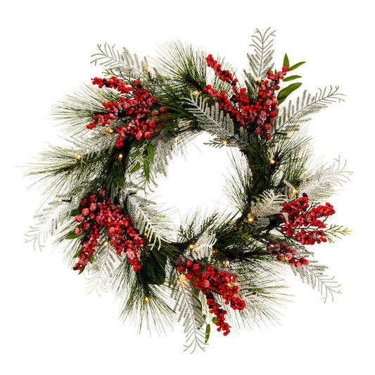 Vickerman 24" Frosted Artificial Christmas Wreath with Red Berries Frosted Foliage and Battery Operated Lights.