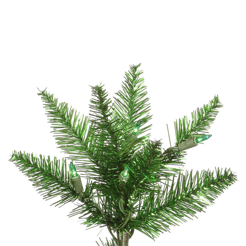 Vickerman 14' Tinsel Green Artificial Christmas Tree featuring 2250 Green Lights. Comes with a Metal Base and a convenient On/Off Step Switch to control the lights.