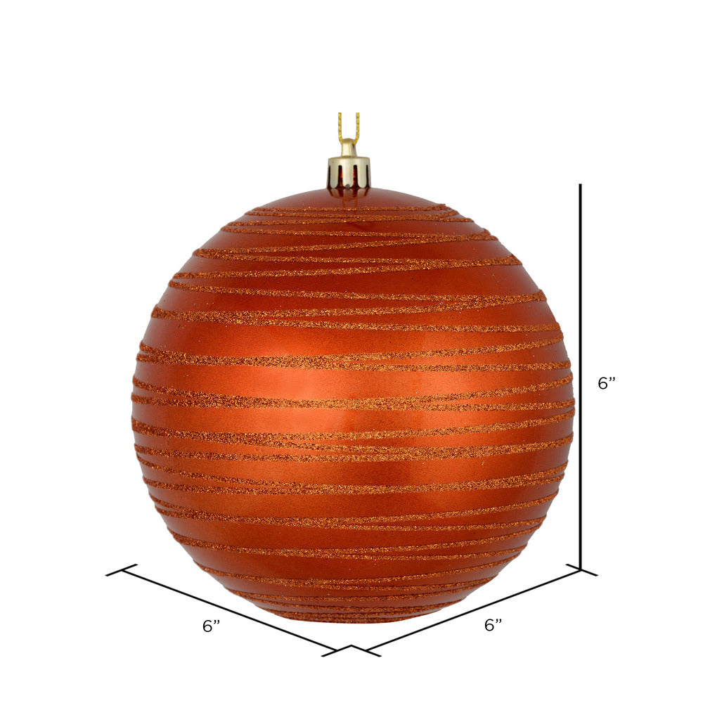 Vickerman 6" Burnished Orange Candy Finish Ball Ornament with Glitter Lines 3 per Bag